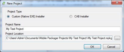 Mobile Packager New Project Window